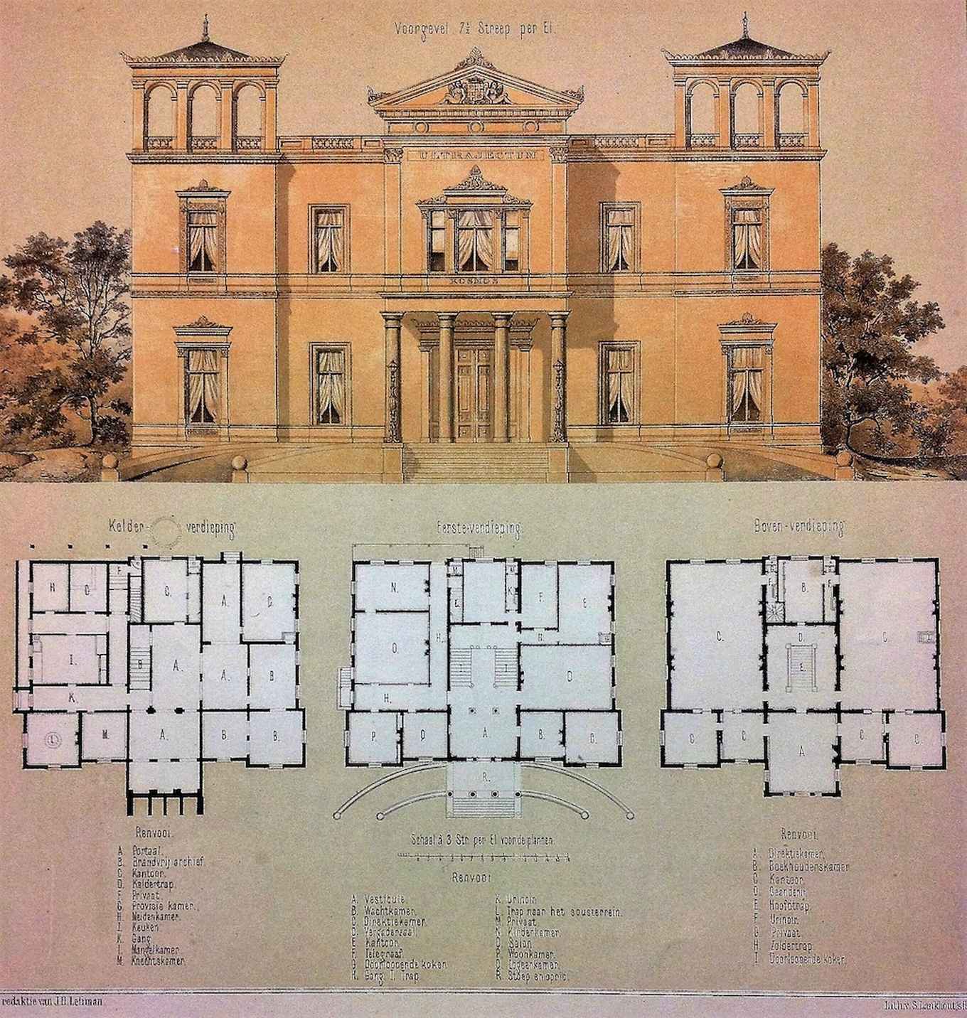 G.F. Moele Bergveld, kantoor en woning van de Maatschappij Ultrajectum (1860/61); de plattegronden van souterrain, beletage en verdieping.